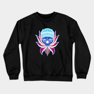 Blue and Pink Neon Skull with Hat in Lotus flower T-Shirt Crewneck Sweatshirt